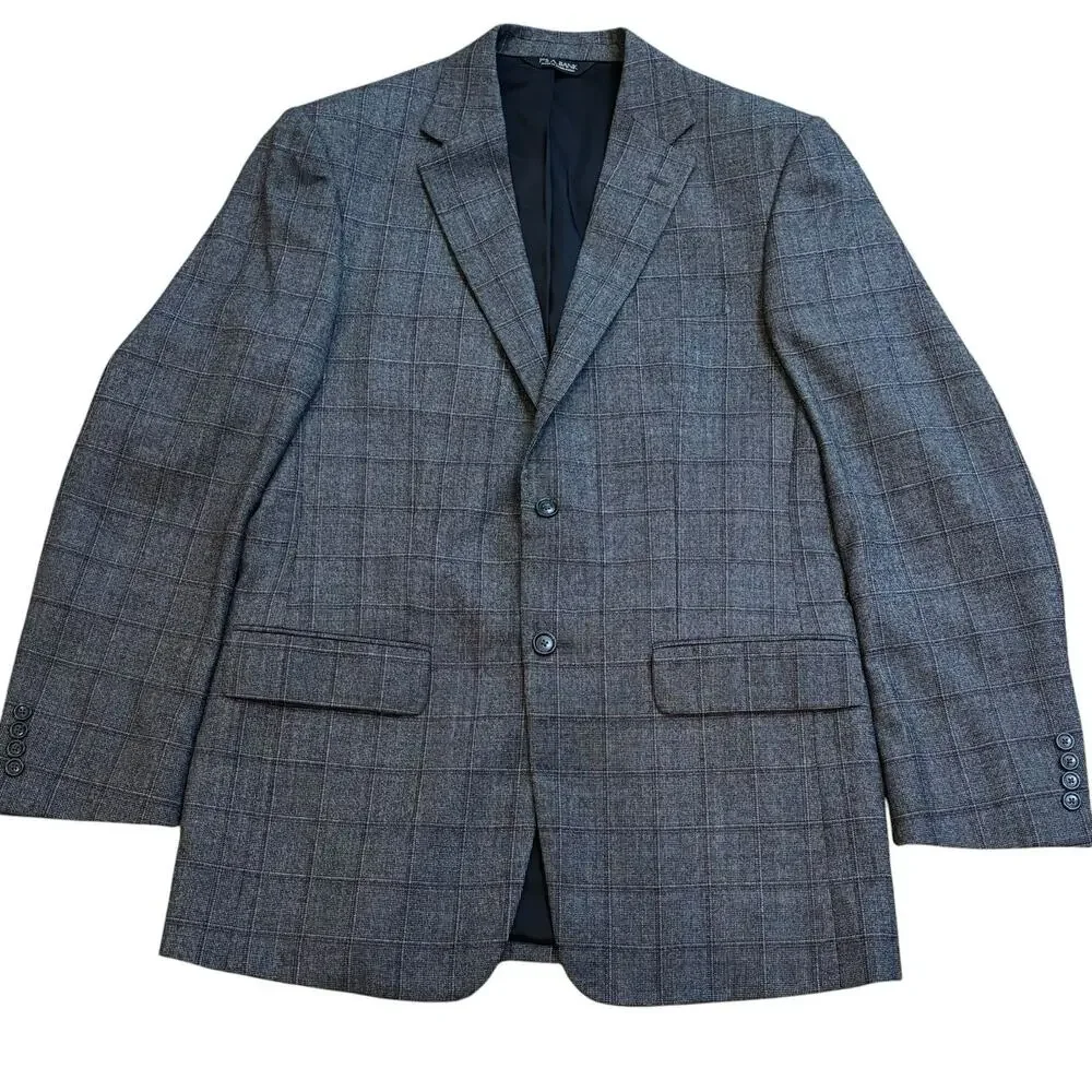 Jos. A. Bank Travelers Wool Sport Coat 40L Gray Wine Windowpane Plaid